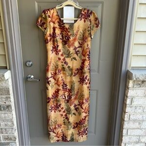 Vintage Virgo II Botanical Print Midi Dress Crinkle Fabric Lined Sheath Medium